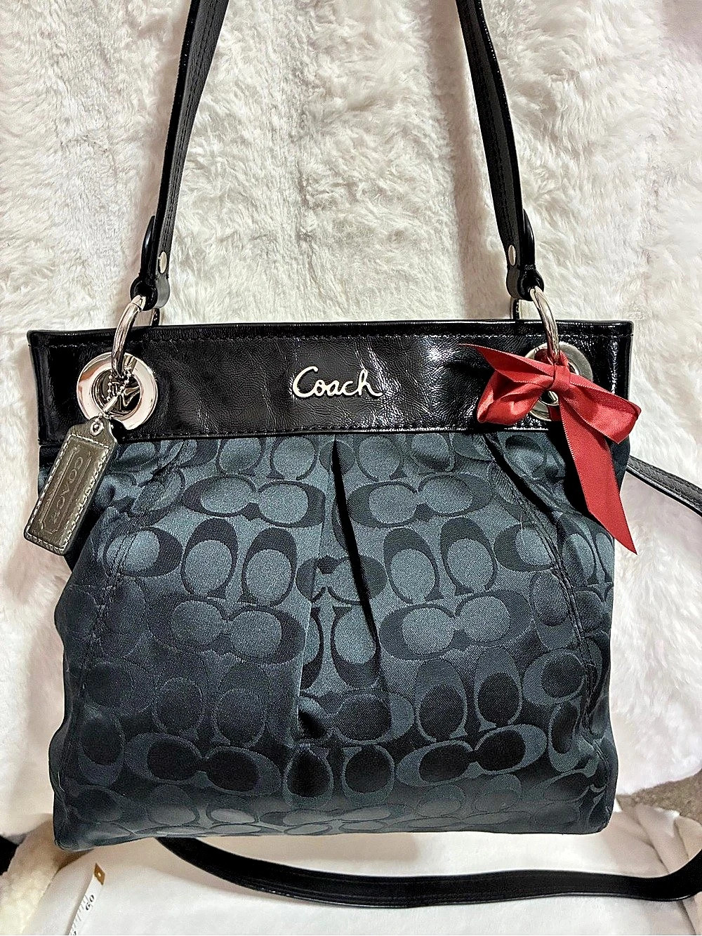 Coach Ashley Black Signature Jacquard Pleated Shoulder Bag with Patent Trim